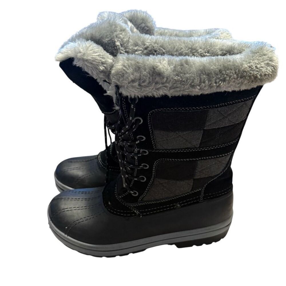 Magellan Women's 8 Insulated Winter Boots Black Checkerboard Faux Fur Trim Snow